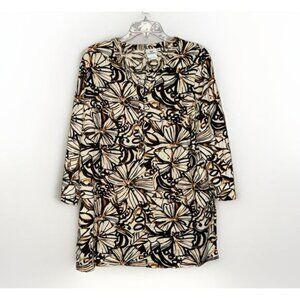 Hot Cotton 100% Linen Top Button Tunic Lagenlook Lightweight Neutral Floral Med